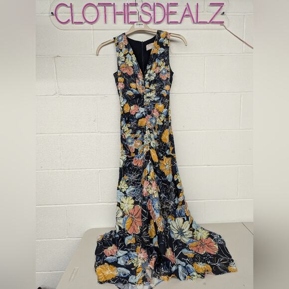 RTR Peter Pilotto Ruched Navy Floral Dress sz6 printed midi v-neck - Picture 3 of 10